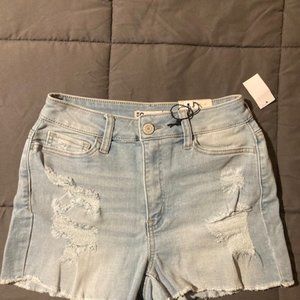 Super High Rise Light Blue Curvy Shorty, Size 5/27